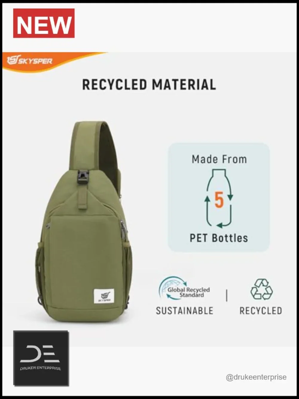 Recycled Polyester RFID Sling Bag Anti-Theft Crossbody Travel Daypack